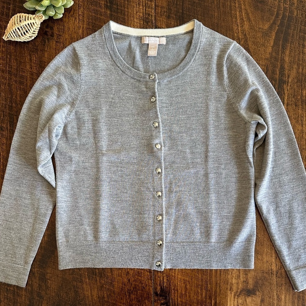Banana Republic | Gray Merino Wool Blend Crewneck Button Up Cardigan, Size LP - Picture 2 of 7